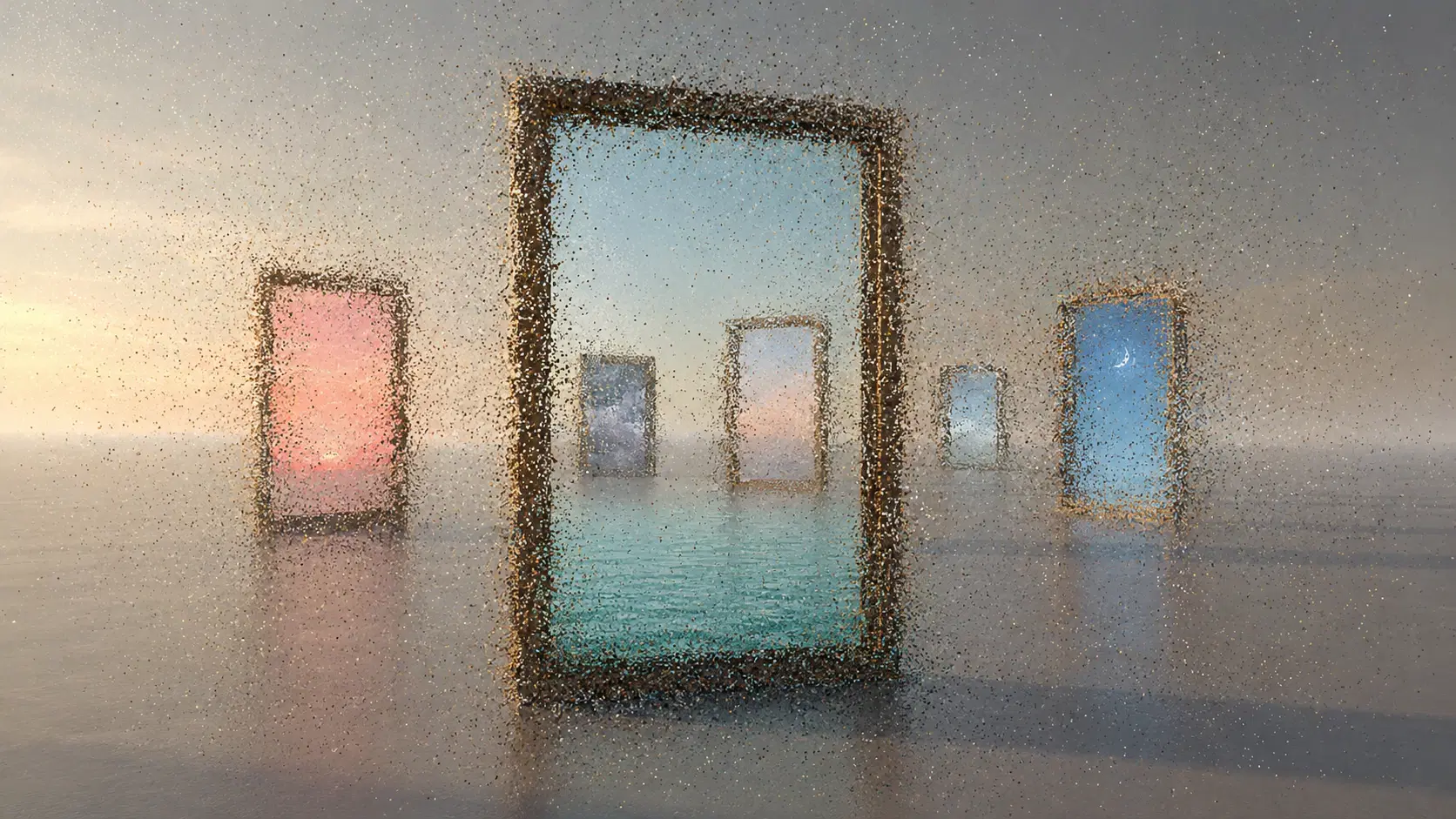A point-cloud Scene of colorful doorways reflected on wet ground