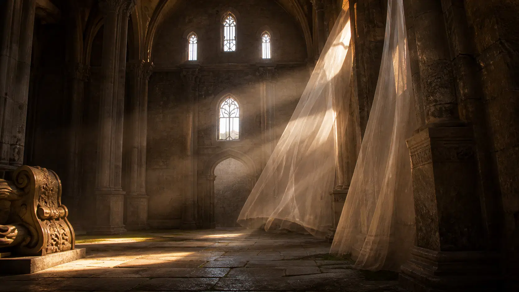 Warm sunlight streaming into a stone interior
