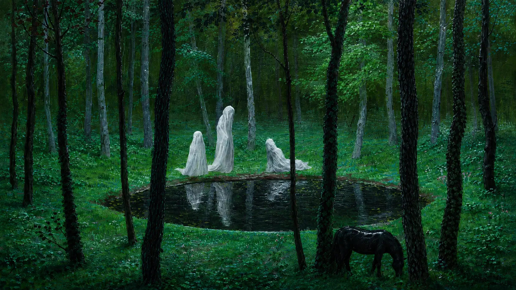 White sculptures in a lush green forest