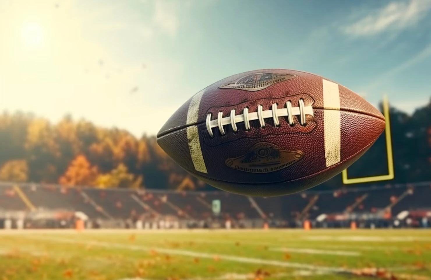 A football suspended above a stadium field