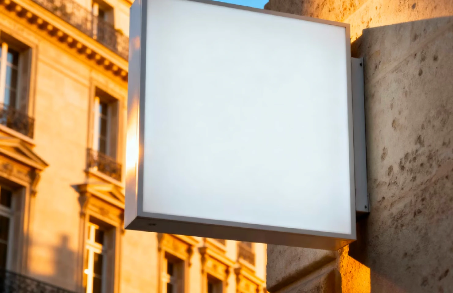 A blank illuminated sign mounted on a building